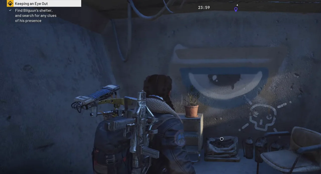 ARC Raiders The Blue Gate bedroll, chair and eye/skull graffiti inside Bilguun's Shelter with the completed shelter-search objective
