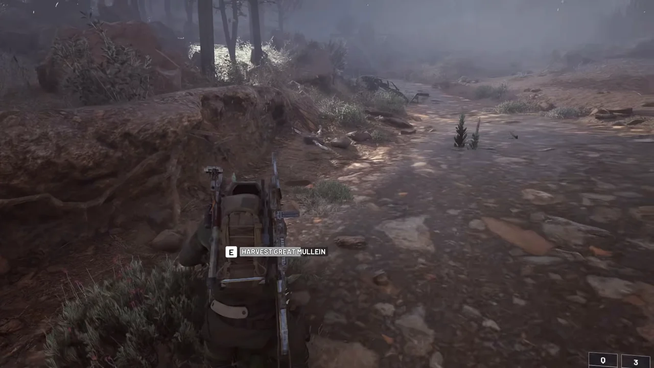ARC Raiders Dam Battlegrounds Great Mullein harvest prompt beside a wooded drainage channel