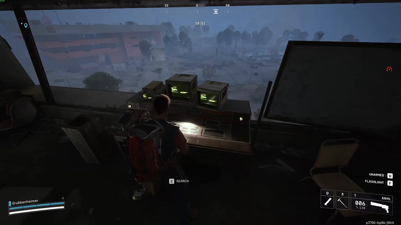 ARC Raiders Spaceport console and monitors inside a perimeter Guard Tower on the Waking the Grid route.
