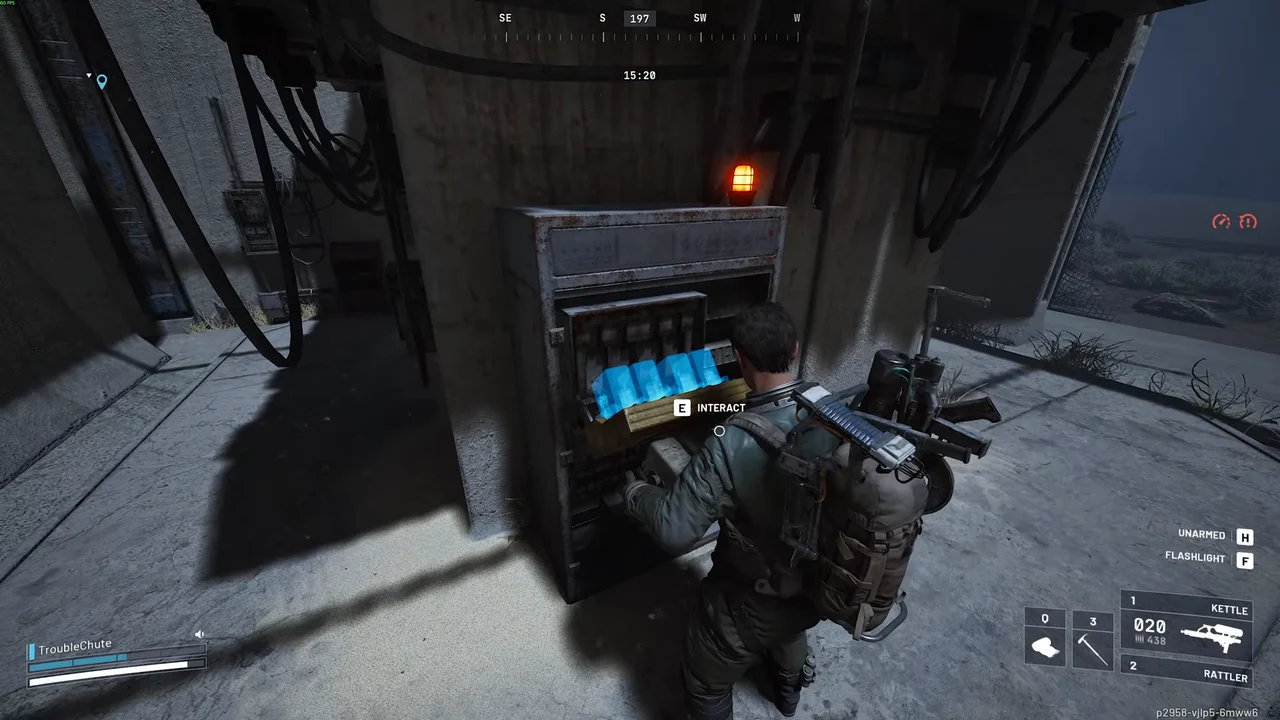 ARC Raiders Spaceport player carrying a large fuse toward a blue-lit panel showing Interact.
