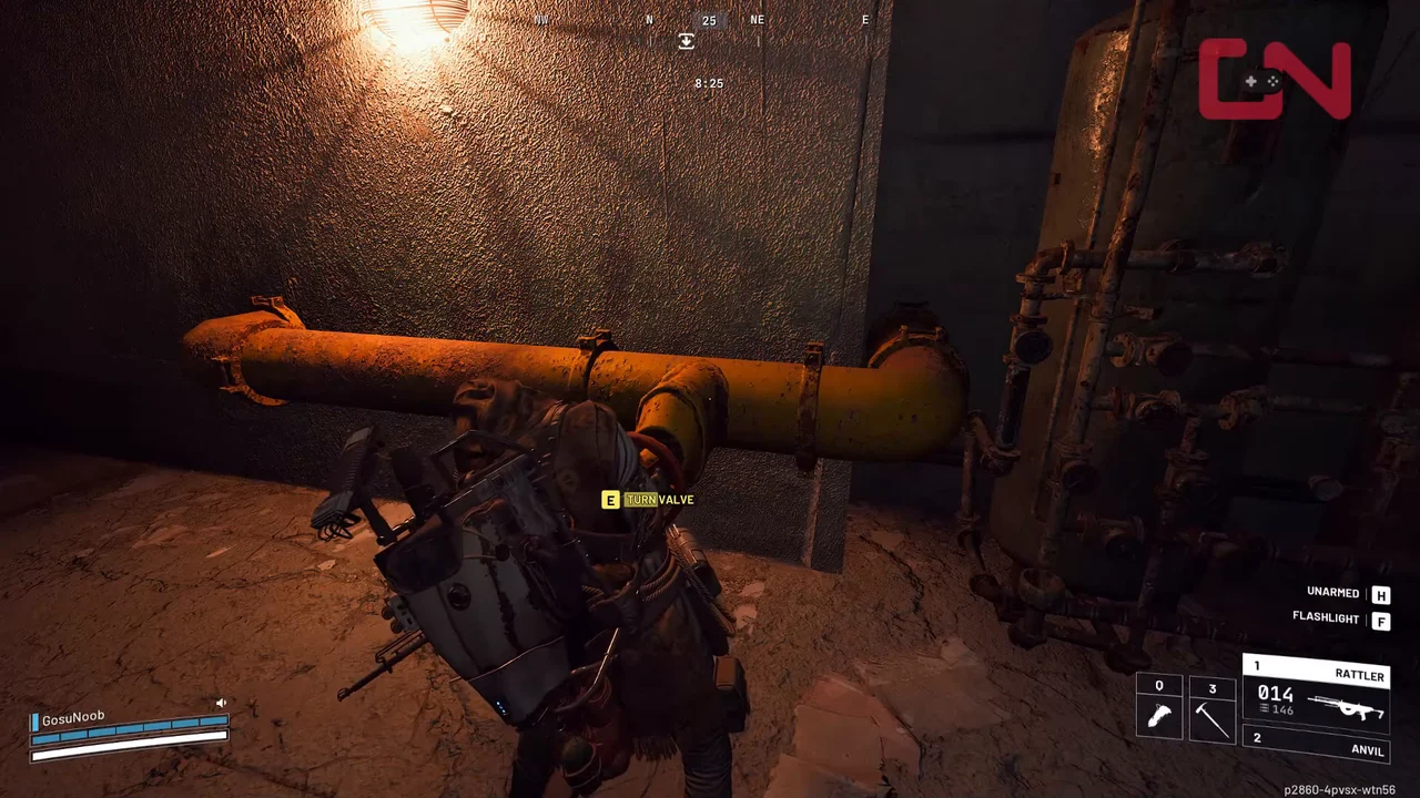 ARC Raiders Spaceport pipe valve in the tunnels with the TURN VALVE prompt visible.