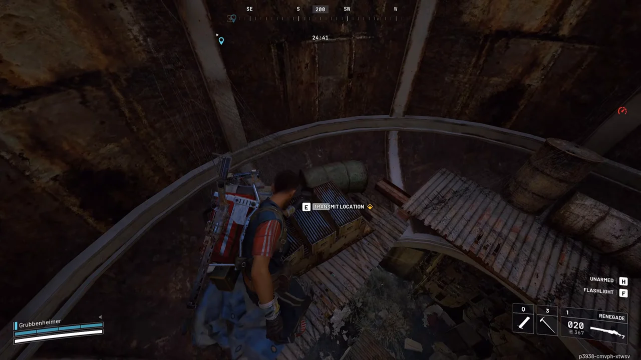 ARC Raiders Spaceport Collect Clues prompt on a crate on an elevated interior Water Tower platform.