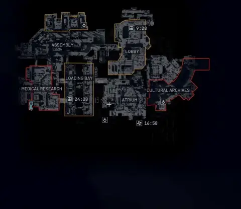 ARC Raiders Stella Montis upper map layer showing Assembly, Medical Research, Lobby and Cultural Archives