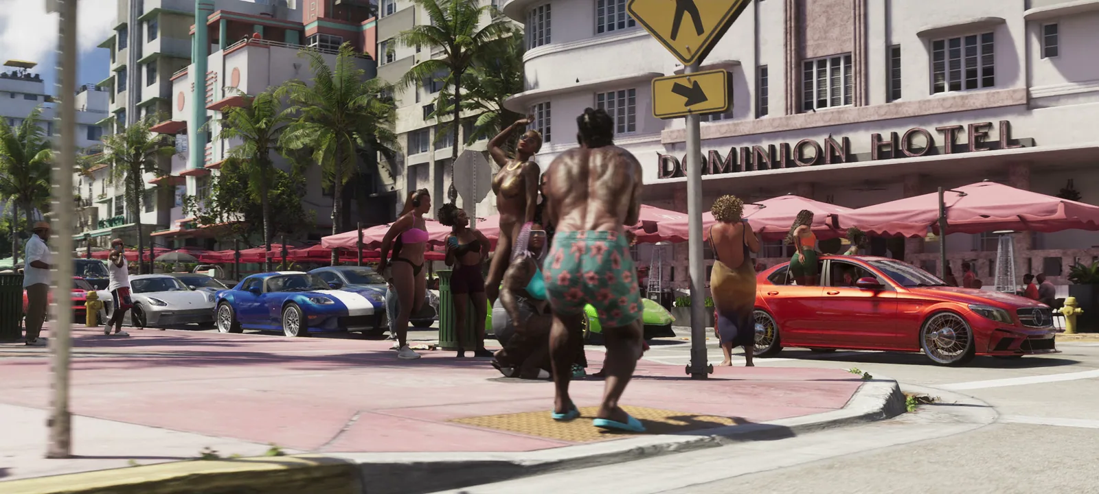 Banshee parked outside the Dominion Hotel in GTA VI Trailer 2 at 2:05