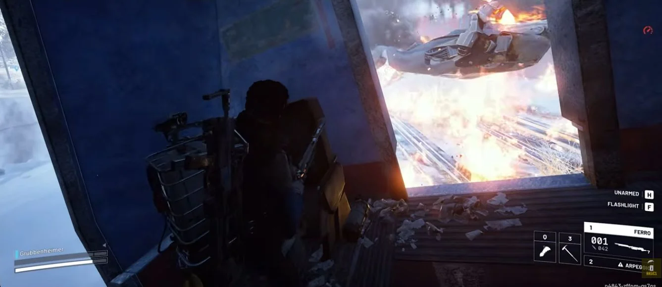 ARC Raiders Pendola Pass burning Bully outside a building, viewed from cover through a window.