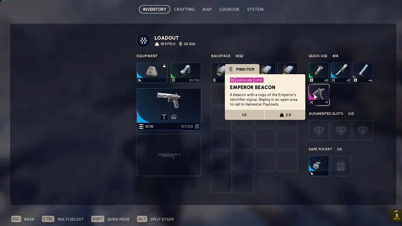 ARC Raiders Pendola Pass Emperor Beacon inventory tooltip describing its use to call down a payload in an open area.