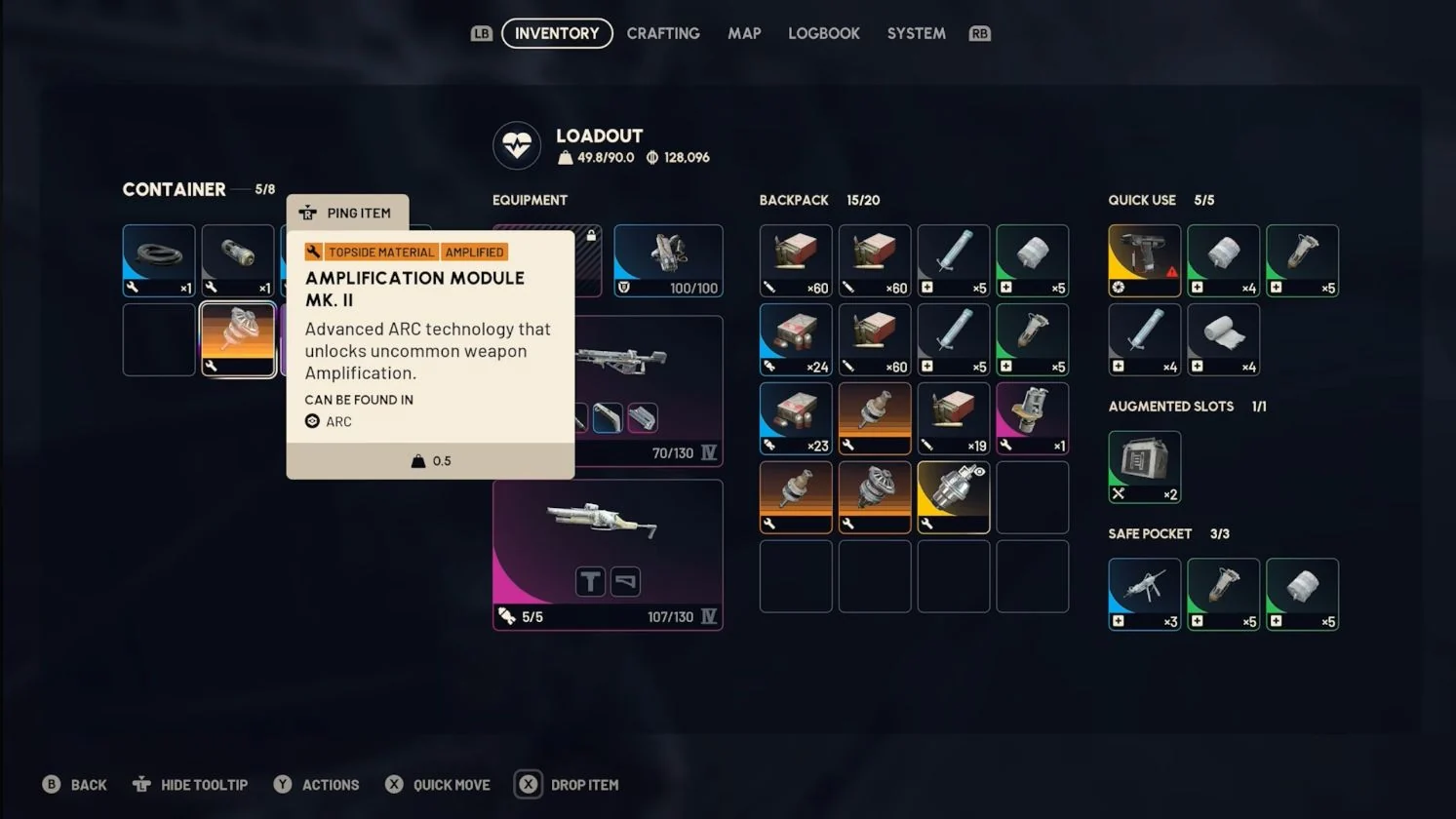 ARC Raiders Pendola Pass Amplification Module Mk II inventory tooltip in the Emperor loot.