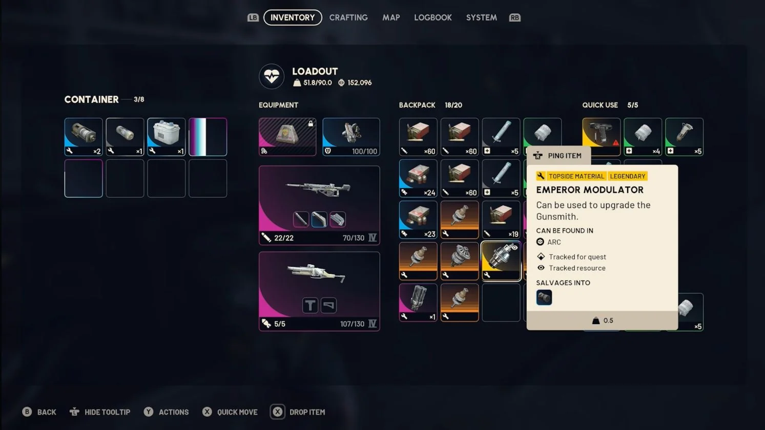 ARC Raiders Pendola Pass Emperor Modulator inventory tooltip showing legendary topside material, tracked for the quest and usable to upgrade the Gunsmith.