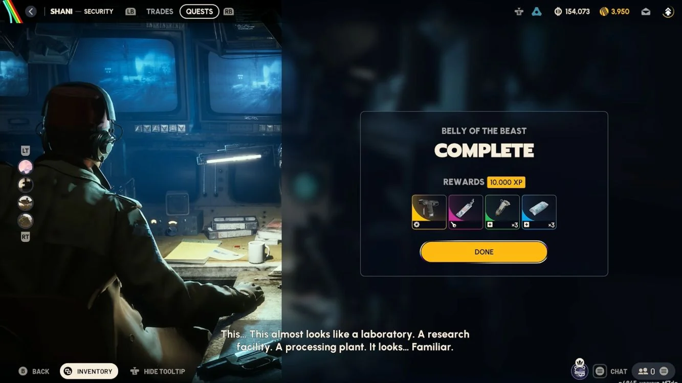ARC Raiders Shani reward screen for Belly of the Beast on Pendola Pass, showing 10000 XP, Snap Hook, Observatory Key, Shield Rechargers and Sterilized Bandages.
