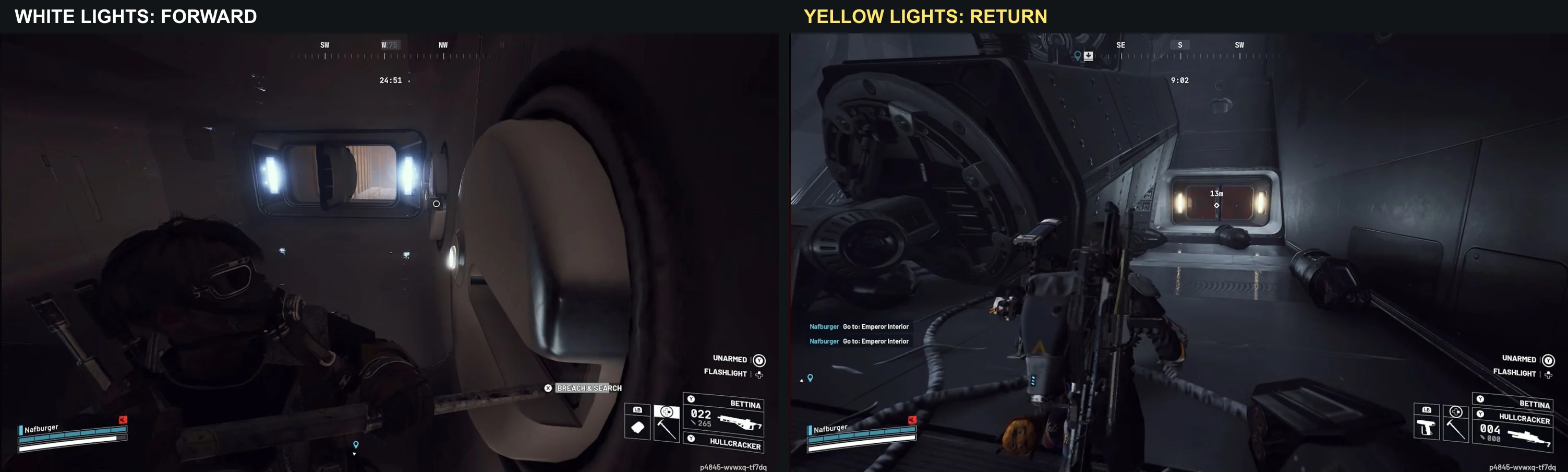 Side-by-side ARC Raiders Pendola Pass Emperor door examples, with white onward lights on the left and a yellow-lit return doorway on the right.