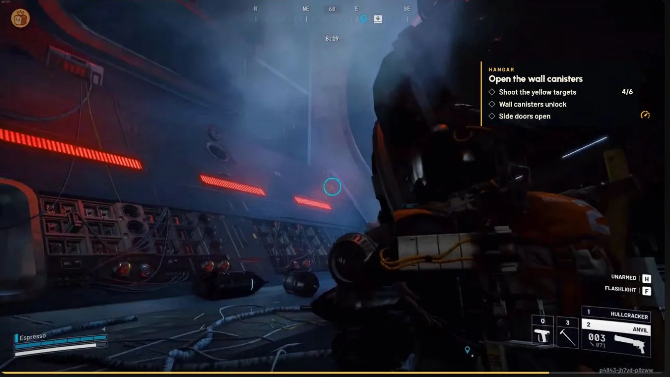 ARC Raiders Pendola Pass Emperor loot hangar showing wall targets, canisters and the creator target-progress overlay.