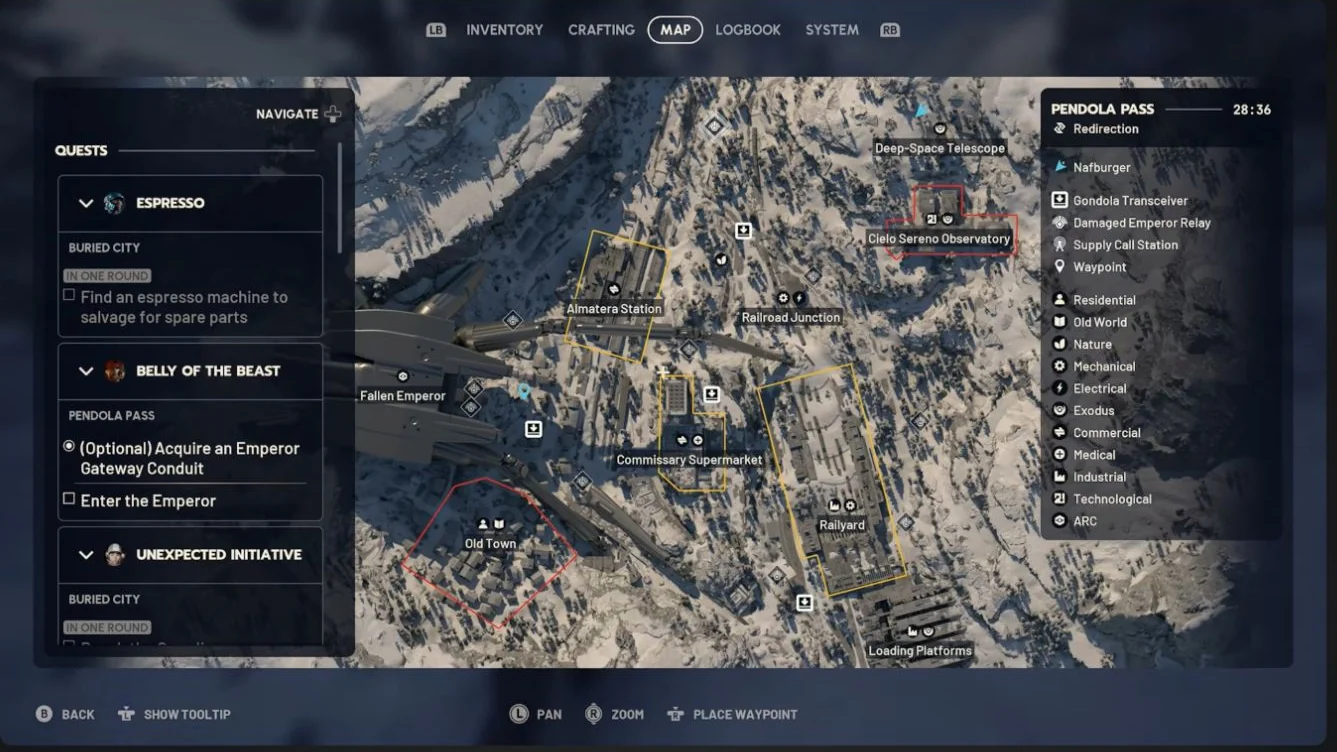 ARC Raiders Pendola Pass native map showing the Fallen Emperor, Damaged Emperor Relay icons and nearby named landmarks.