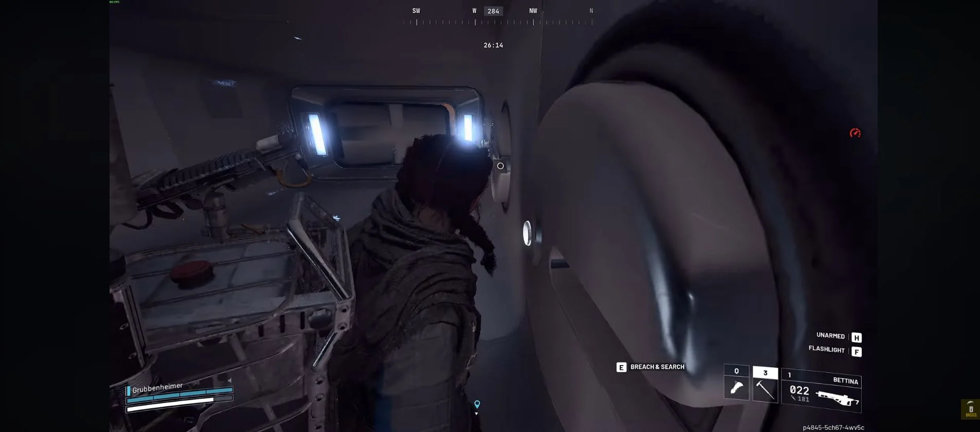 ARC Raiders Pendola Pass Emperor round wall container with the Breach and Search prompt beside a white-lit doorway.