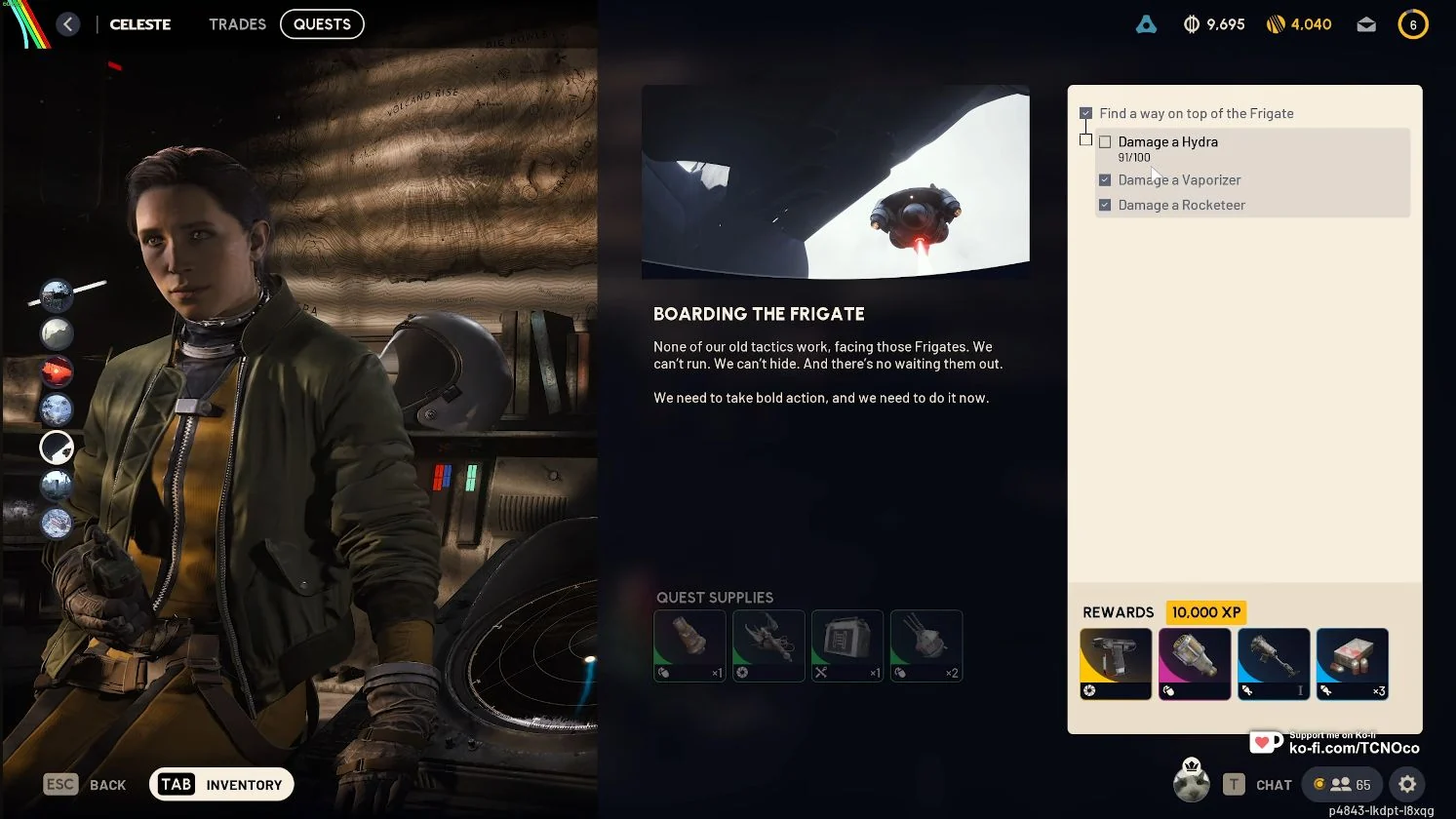 ARC Raiders Boarding the Frigate quest screen showing Celeste, damage objectives, supplies and rewards.