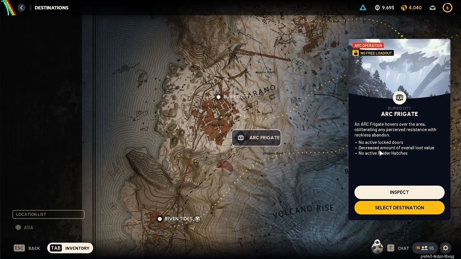 ARC Raiders Buried City destination panel showing ARC Frigate and No Free Loadout.