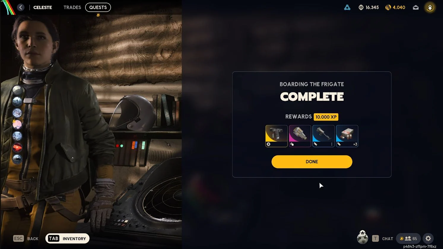ARC Raiders Boarding the Frigate completion screen showing Celeste and the 10000 XP reward.