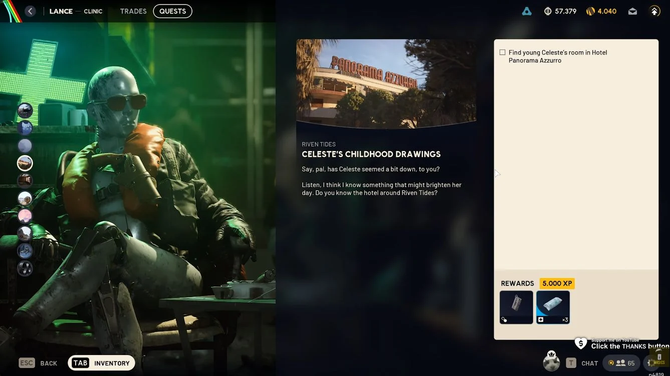 ARC Raiders Riven Tides Celeste Childhood Drawings quest screen showing Lance at the Clinic.