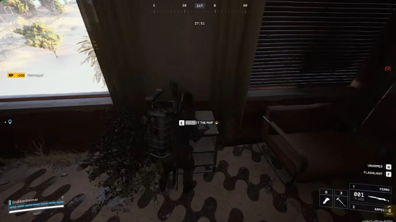 ARC Raiders Riven Tides Hotel Panorama Azzurro room with Inspect the Map prompt at a bedside table.