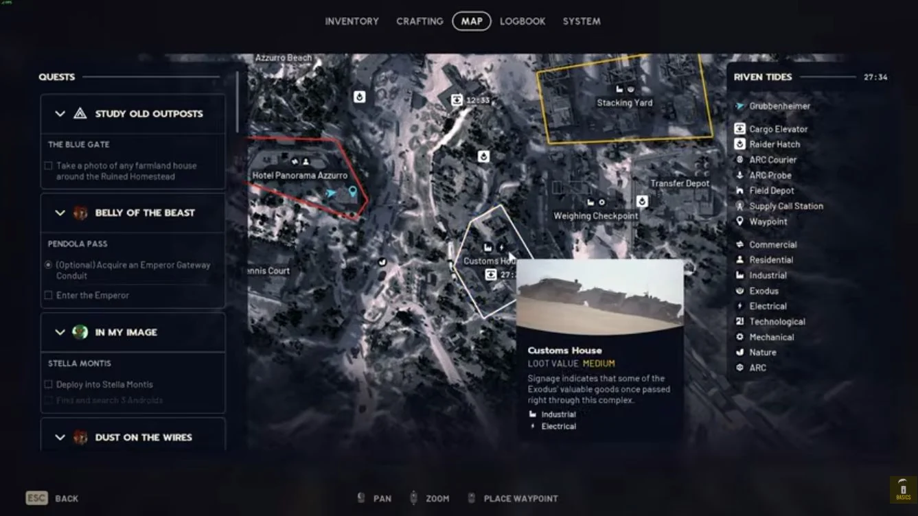 ARC Raiders Riven Tides map showing Customs House southeast of Hotel Panorama Azzurro.