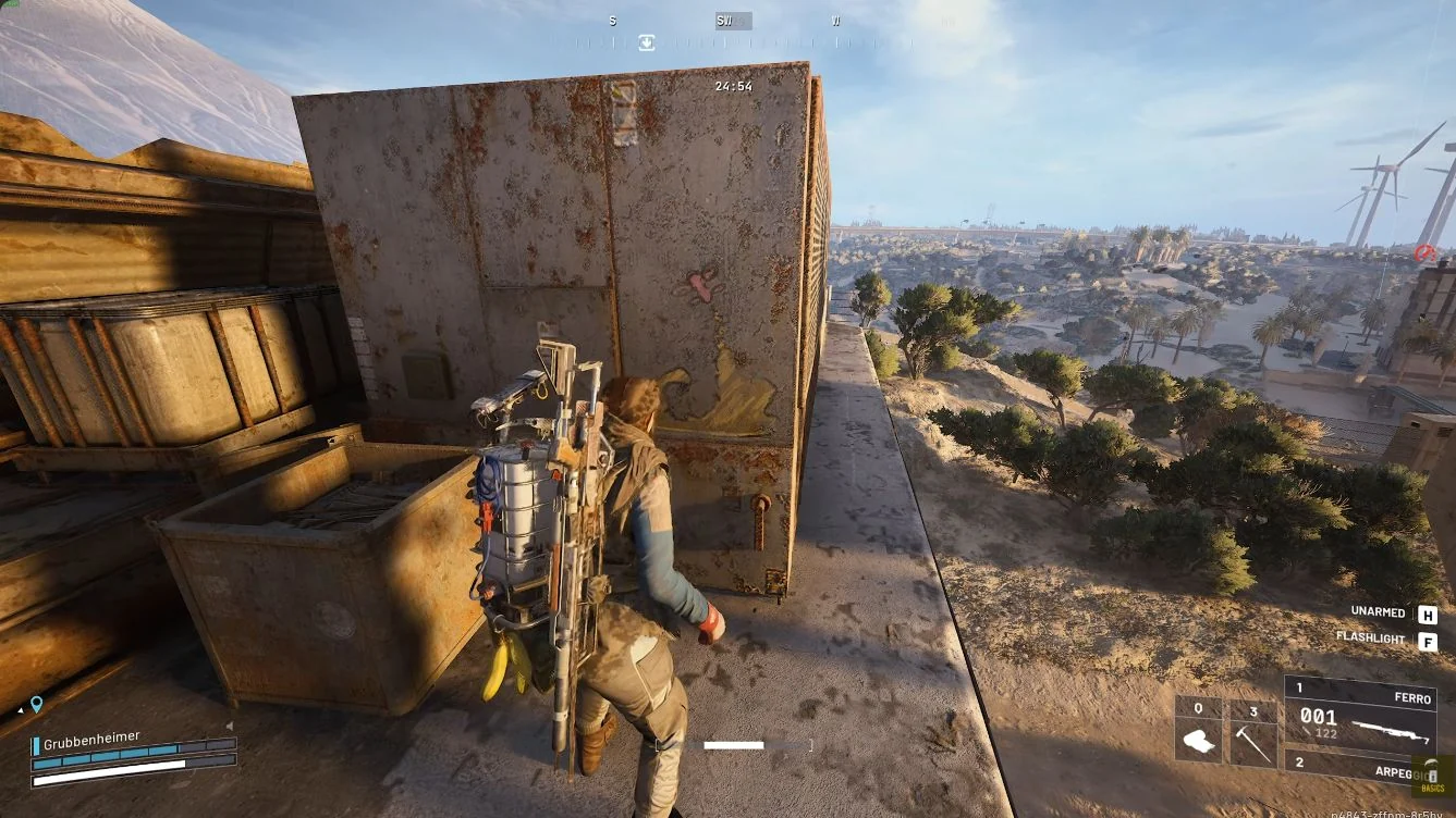 ARC Raiders Riven Tides Customs House roof drawing on the side of a rusted cabinet near the edge.