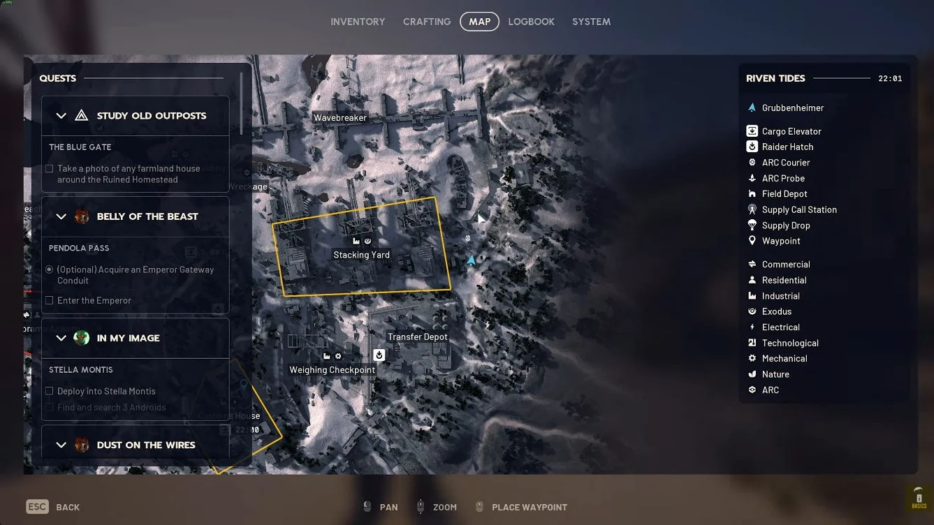 ARC Raiders Riven Tides map showing the Quay approach east of Stacking Yard.