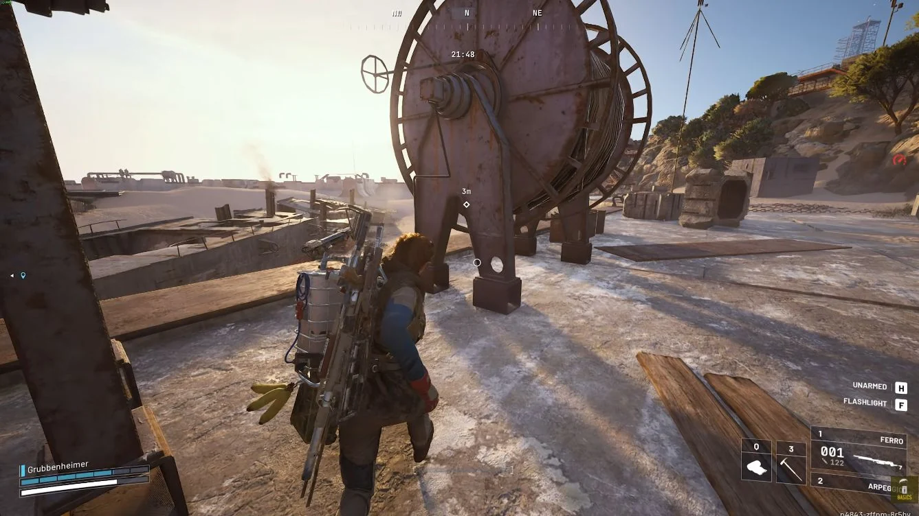 ARC Raiders Riven Tides Quay cable-spool landmark and drawing objective marker.