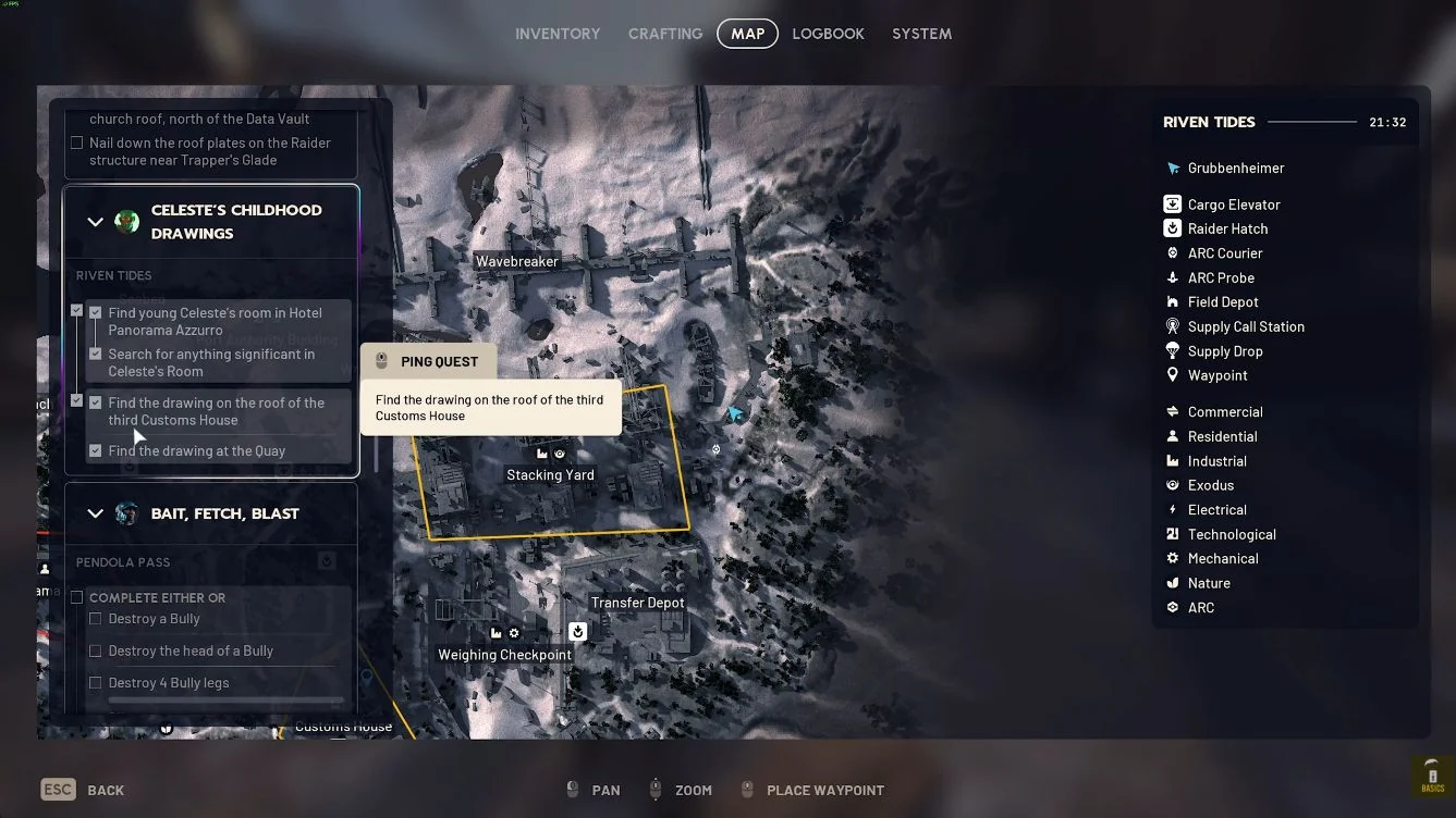 ARC Raiders Riven Tides quest HUD showing all four Celeste Childhood Drawings objectives checked.