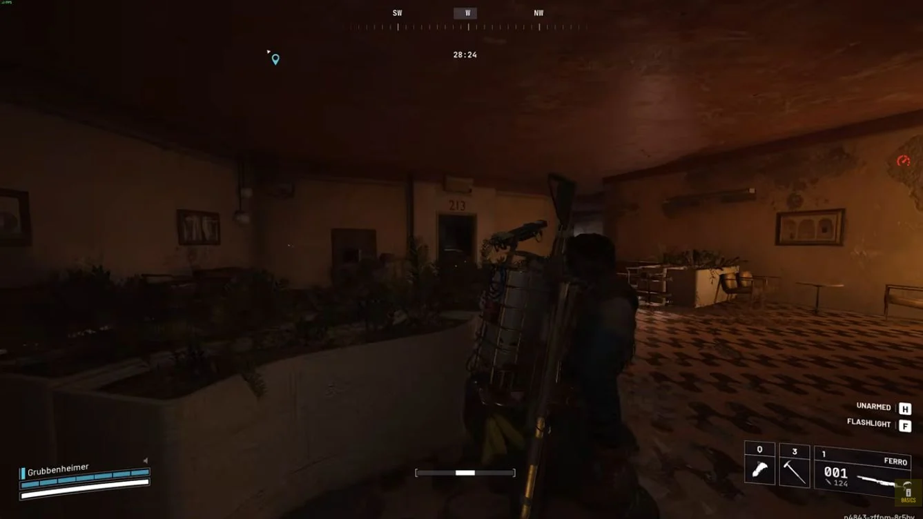 ARC Raiders Riven Tides Hotel Panorama Azzurro corridor with Room 213 visibly labelled above the doorway.