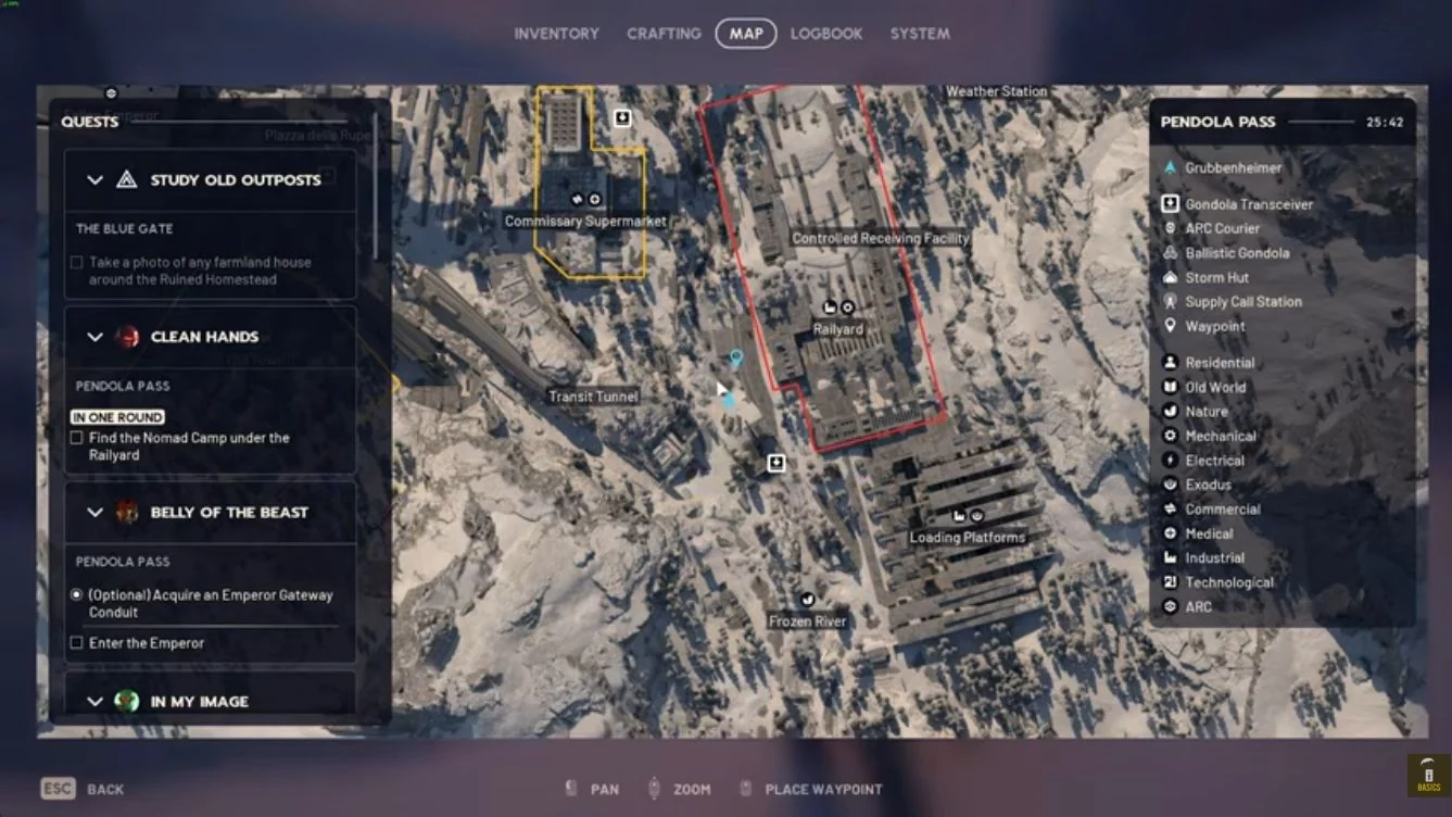 ARC Raiders Pendola Pass map with the player west of Railyard near Transit Tunnel.