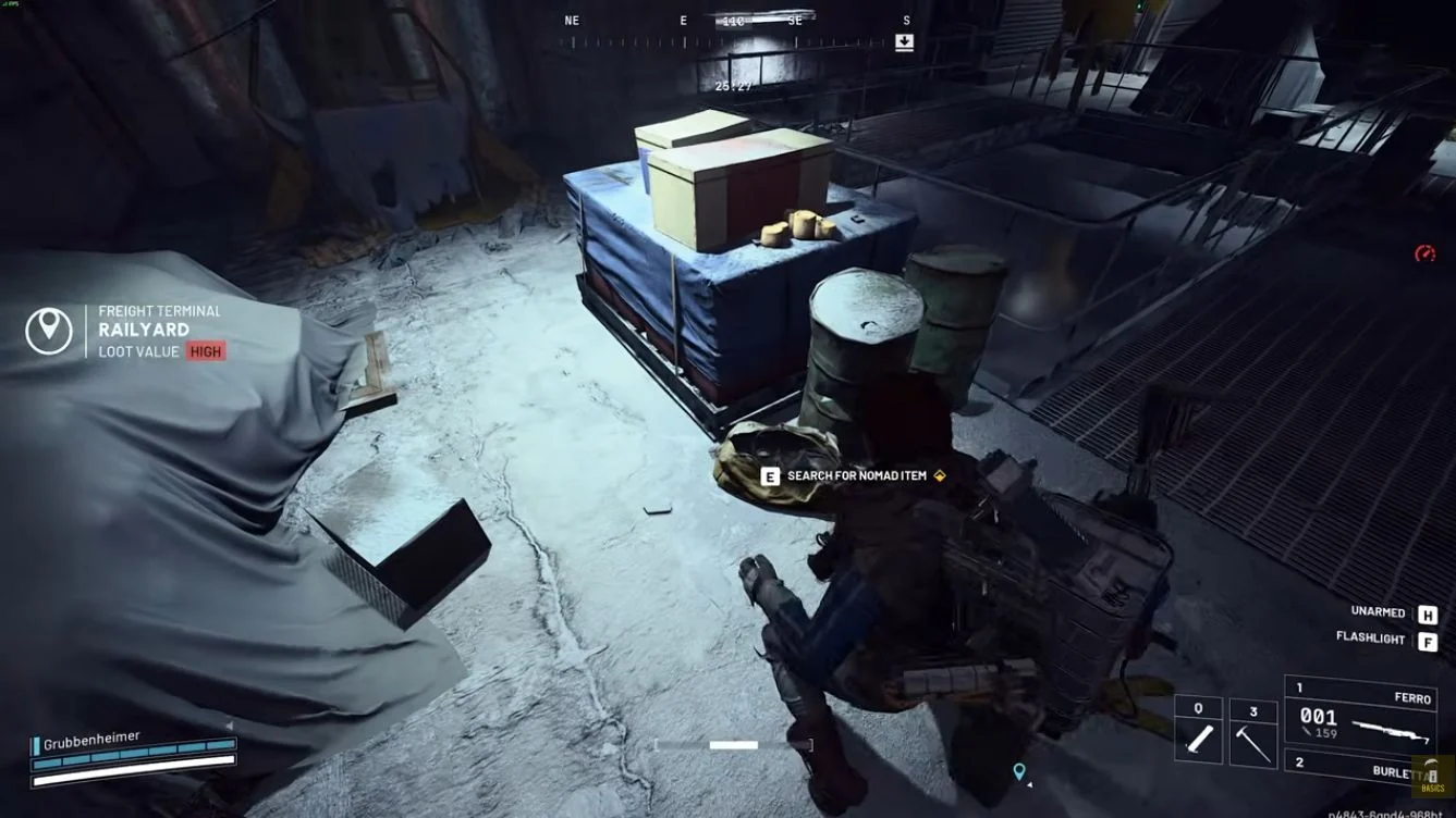 ARC Raiders Pendola Pass Nomad camp bag beside barrels showing Search for Nomad Item.