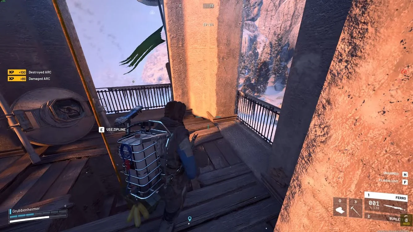 ARC Raiders Pendola Pass Old Town church tower fixed zipline with Use Zipline prompt.