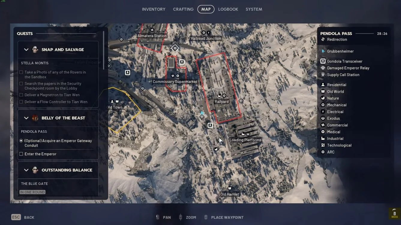 ARC Raiders Pendola Pass native map showing Old Town west of Railyard and Old Hamlet south of Loading Platforms.