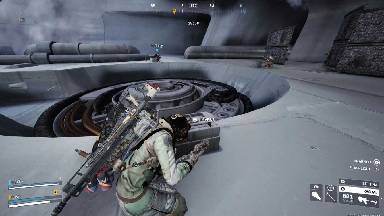 ARC Raiders Frigate central power core ring with the player at a Move Up panel and two Raiders at the other controls.