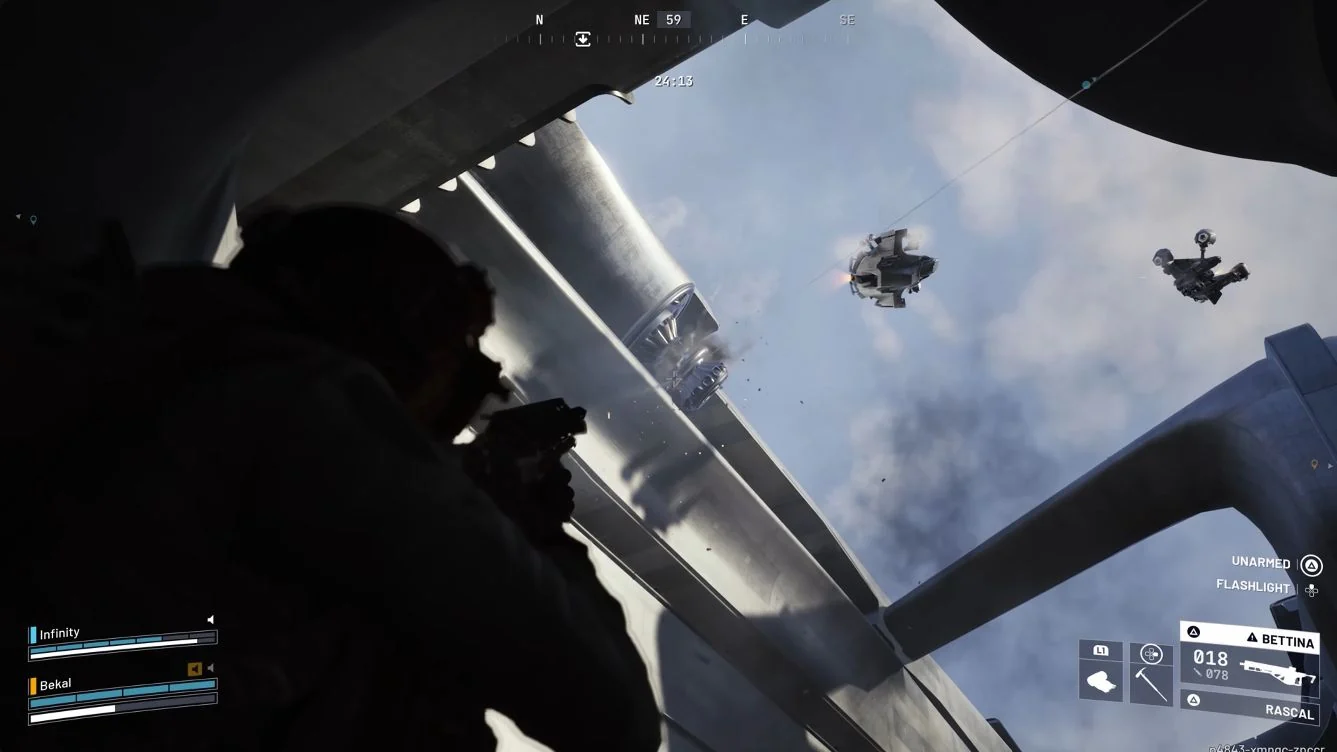 ARC Raiders flying defenders above the Frigate side structures, viewed from the deck.
