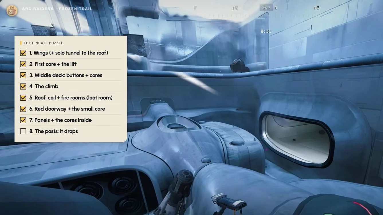 ARC Raiders Frigate paired cargo panels opened, with the walkthrough creator checklist overlay preserved.
