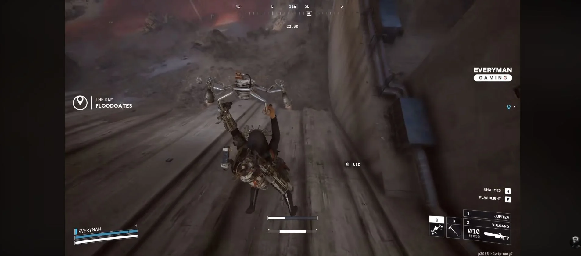 ARC Raiders Powered Descender visibly in use above the Dam Floodgates with its power bar on screen.