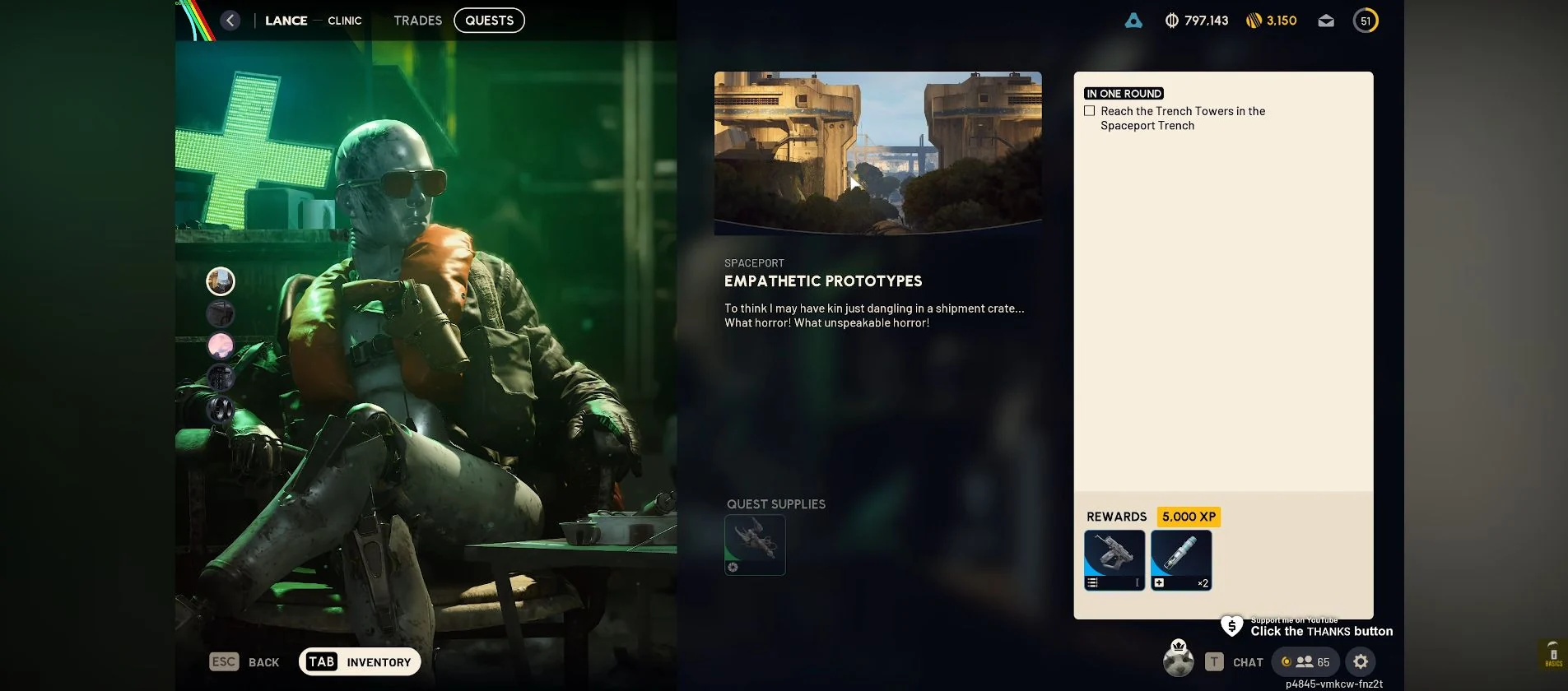 ARC Raiders Empathetic Prototypes quest screen showing Lance, Spaceport and In One Round.