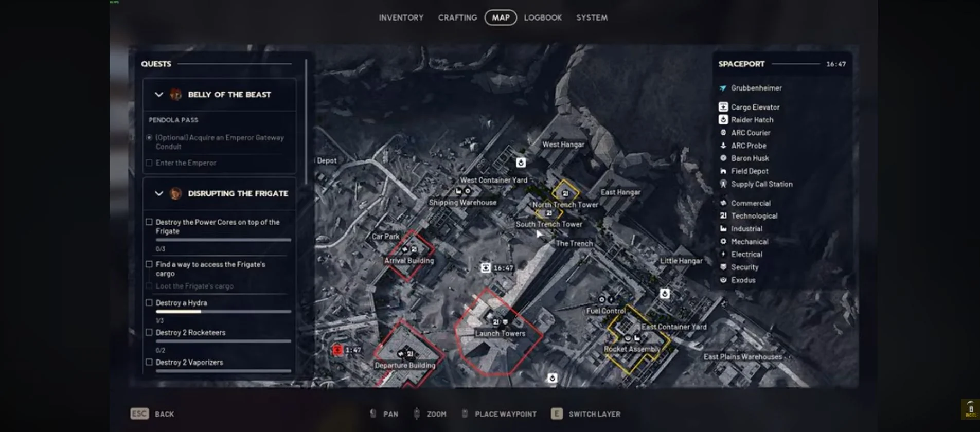 ARC Raiders Spaceport map showing the Trench Towers between West Hangar and East Hangar.