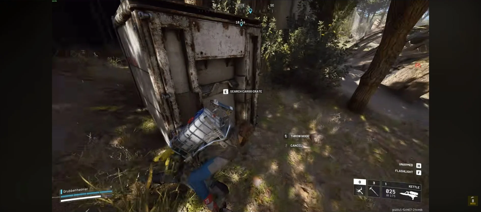 ARC Raiders Spaceport fallen cargo crate in the trench with the Search Cargo Crate prompt visible.
