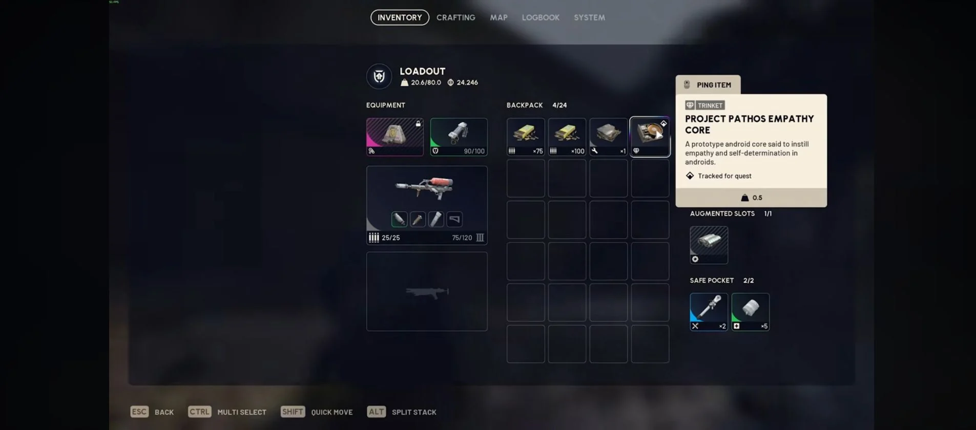 ARC Raiders Spaceport inventory showing the Project Pathos Empathy Core quest item.