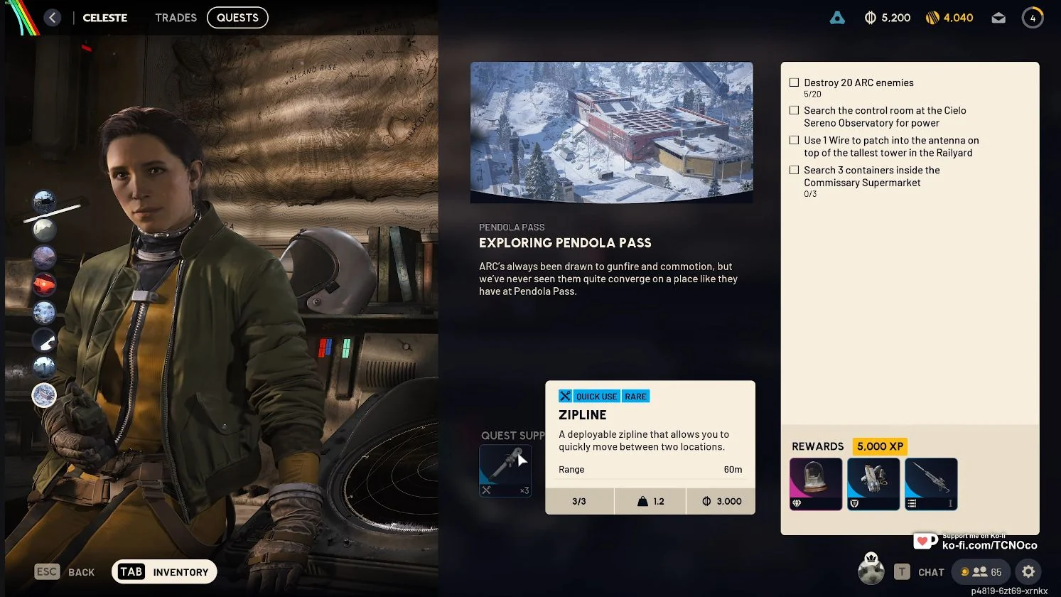 ARC Raiders Exploring Pendola Pass quest screen showing Celeste, four objectives and three supplied Ziplines.