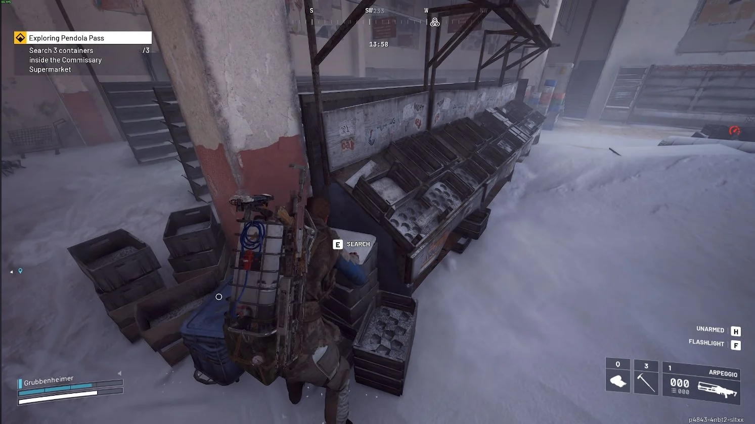 ARC Raiders Pendola Pass Commissary Supermarket produce container with Search prompt and quest counter.