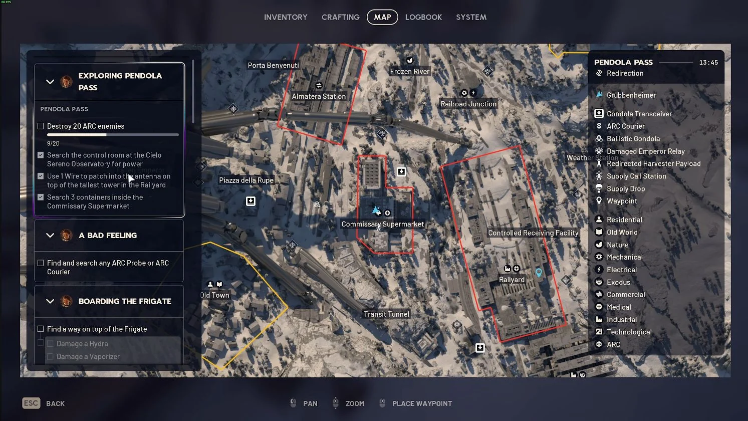 ARC Raiders Pendola Pass map showing Commissary Supermarket northwest of Railyard and completed location objectives.