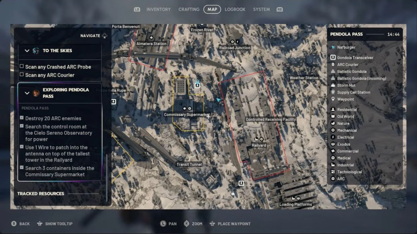 ARC Raiders Pendola Pass native map at Commissary Supermarket showing all four Exploring Pendola Pass objectives checked, including Destroy 20 ARC enemies.