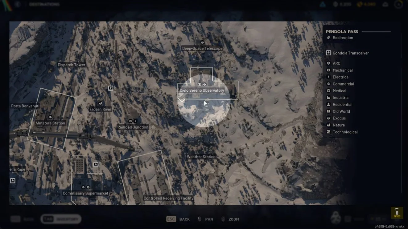 ARC Raiders Pendola Pass native map showing Cielo Sereno Observatory north of Railroad Junction and Commissary Supermarket.