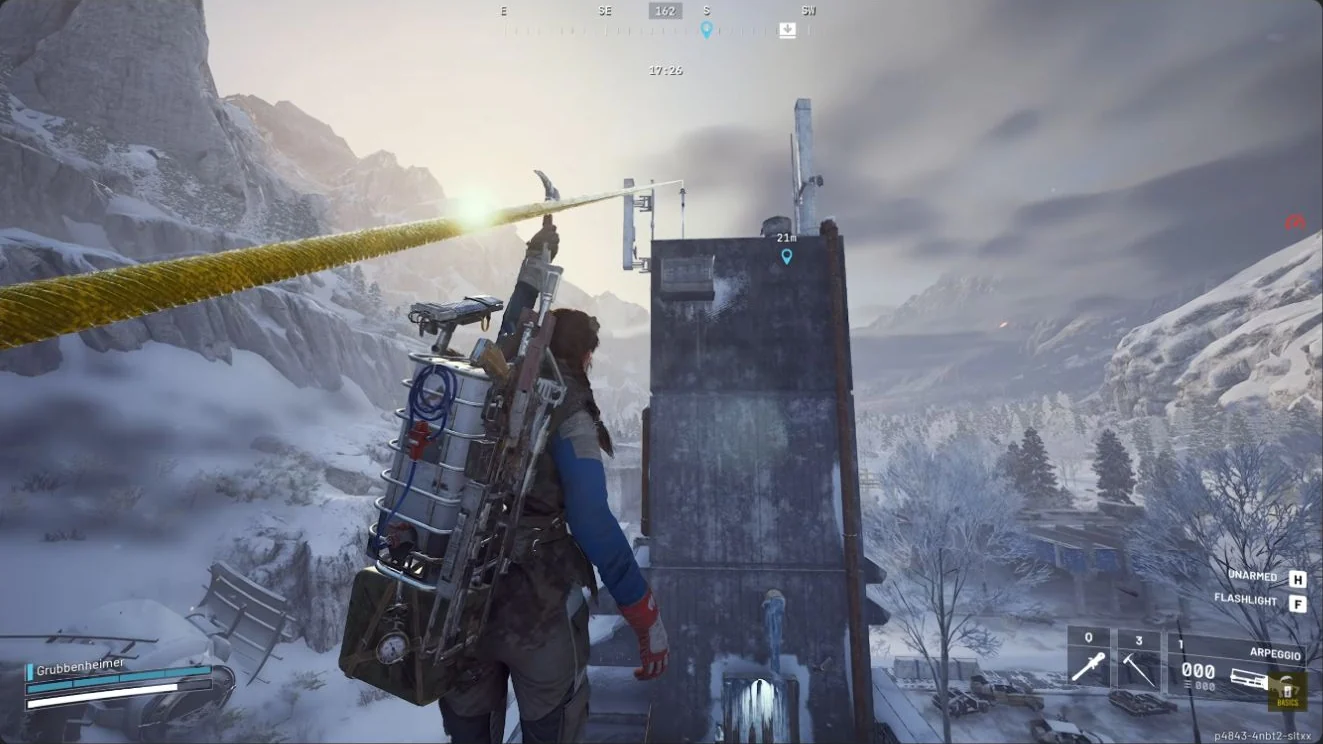 ARC Raiders Pendola Pass Railyard player riding a placed yellow Zipline from the nearby roof toward the tallest tower.