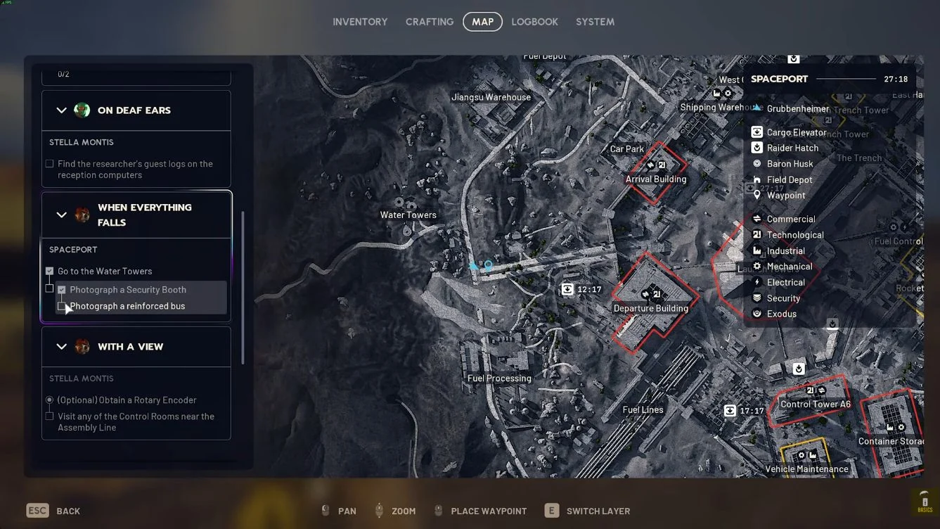 ARC Raiders Spaceport map showing Water Towers west of Arrival Building and the completed Security Booth photo for the Frozen Trail Pendola Pass update.