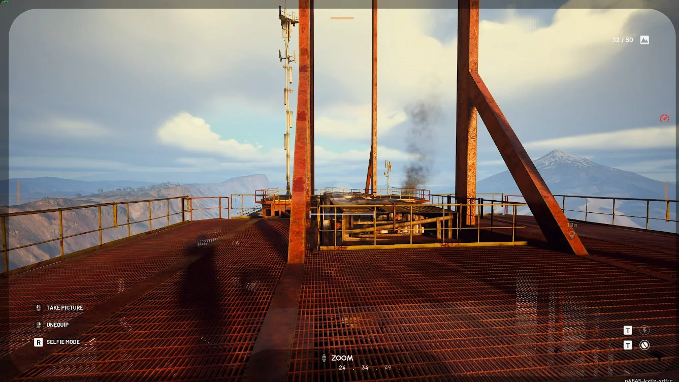 ARC Raiders Spaceport rooftop launch platform through the Basic Camera viewfinder for the Frozen Trail Pendola Pass update.