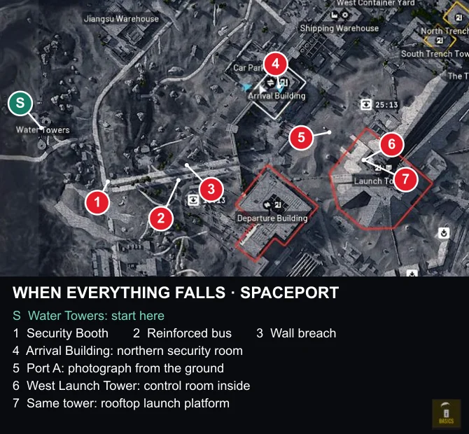 ARC Raiders Spaceport map numbered for When Everything Falls in the Frozen Trail Pendola Pass update, showing Water Towers, the road photographs, Arrival security room and West Launch Tower.