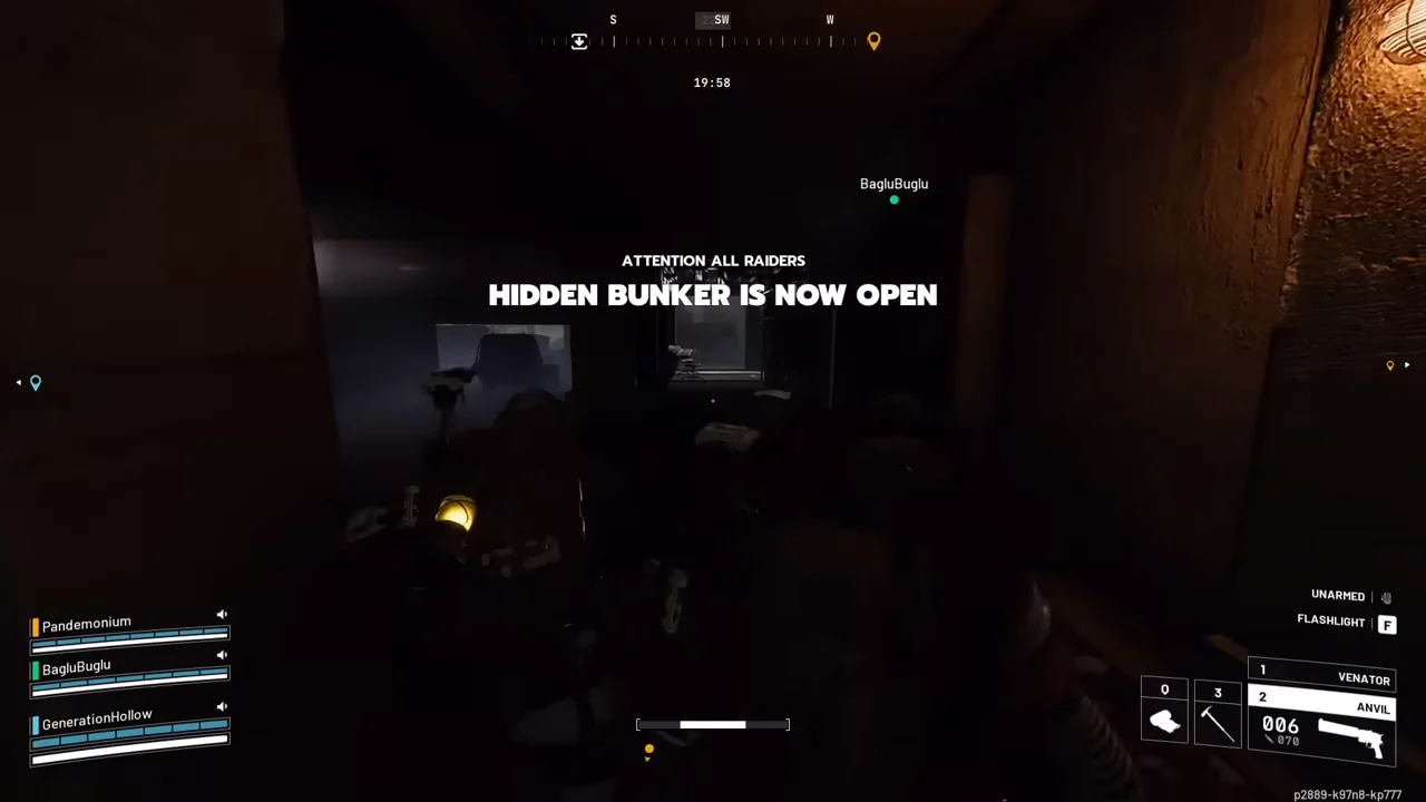 ARC Raiders Spaceport gameplay displaying ATTENTION ALL RAIDERS and HIDDEN BUNKER IS NOW OPEN.